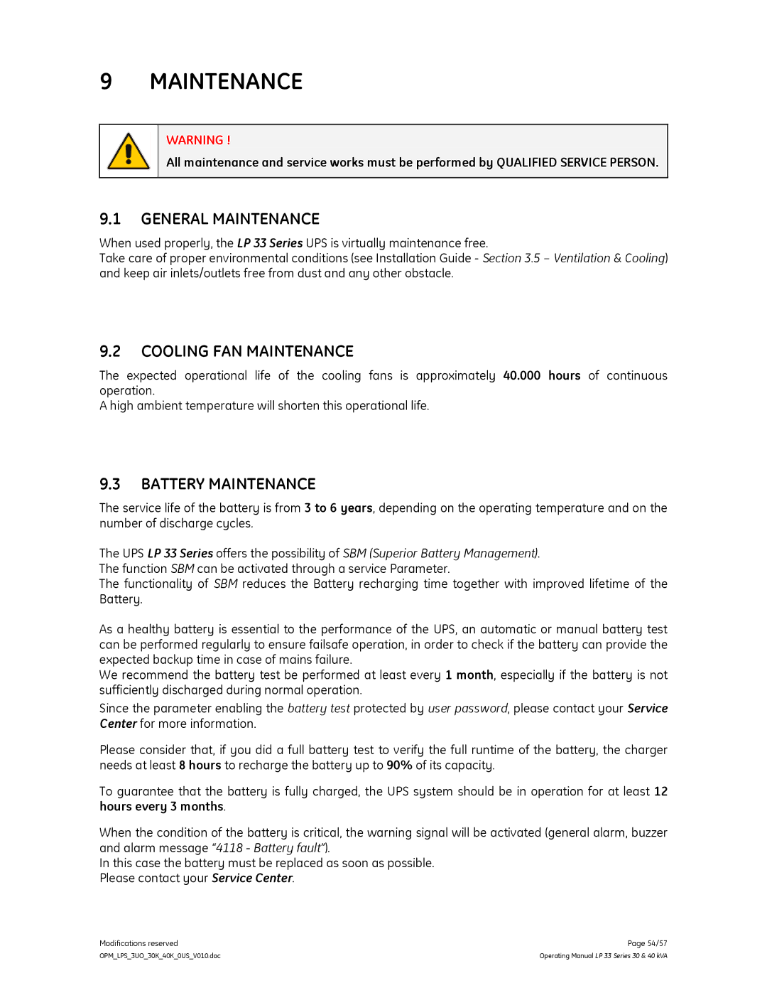 GE LP 33 manual General Maintenance, Cooling FAN Maintenance, Battery Maintenance 