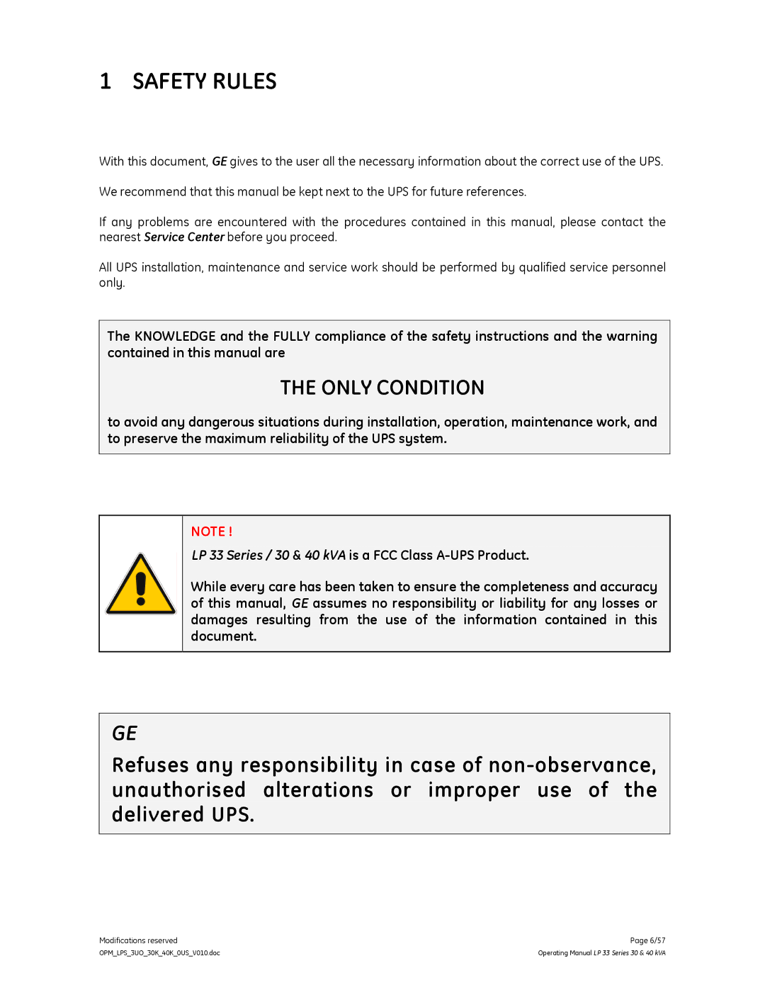 GE LP 33 manual Safety Rules, Only Condition 