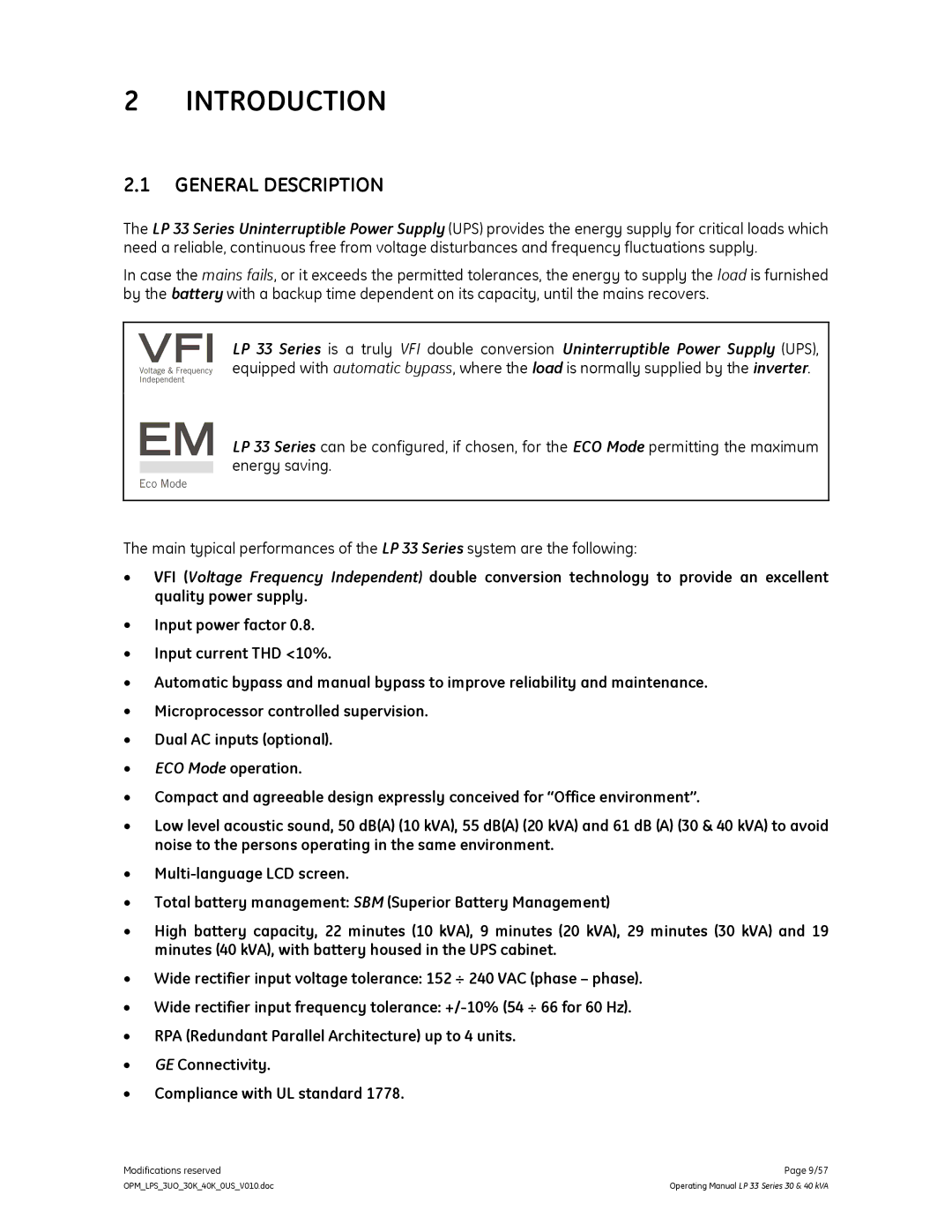 GE LP 33 manual Introduction, General Description 