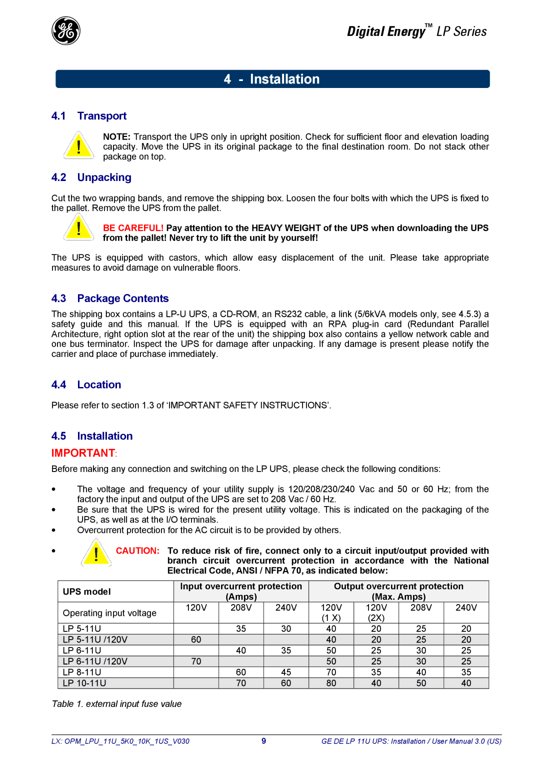 GE LP11U user manual Installation, Transport Unpacking, Package Contents, Location 