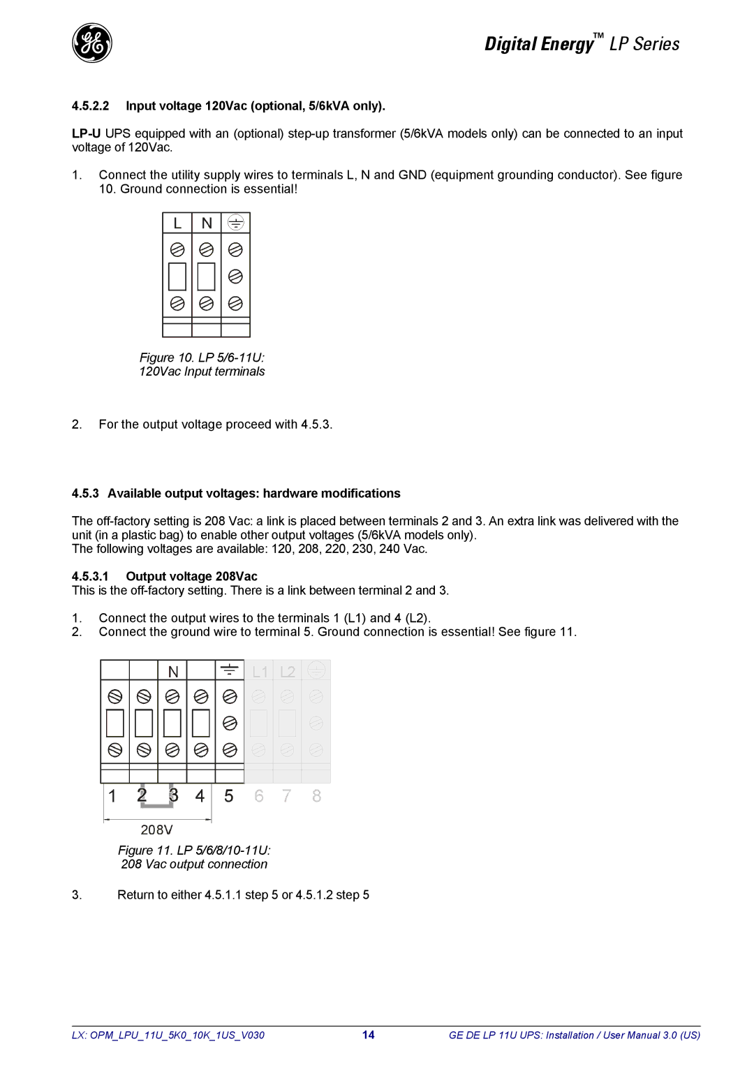 GE LP11U user manual Input voltage 120Vac optional, 5/6kVA only, Available output voltages hardware modifications 
