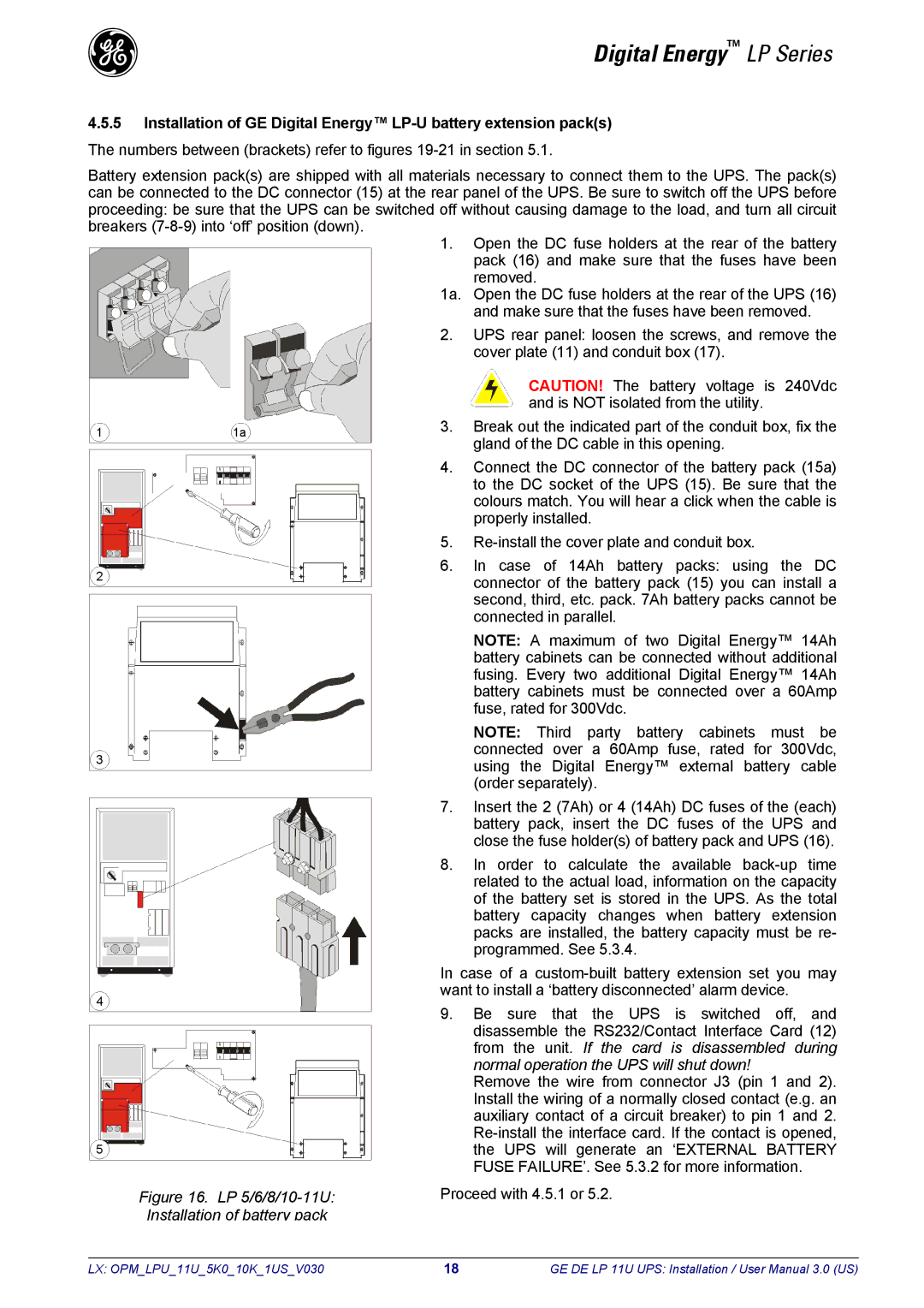 GE LP11U user manual LP 5/6/8/10-11U Installation of battery pack 