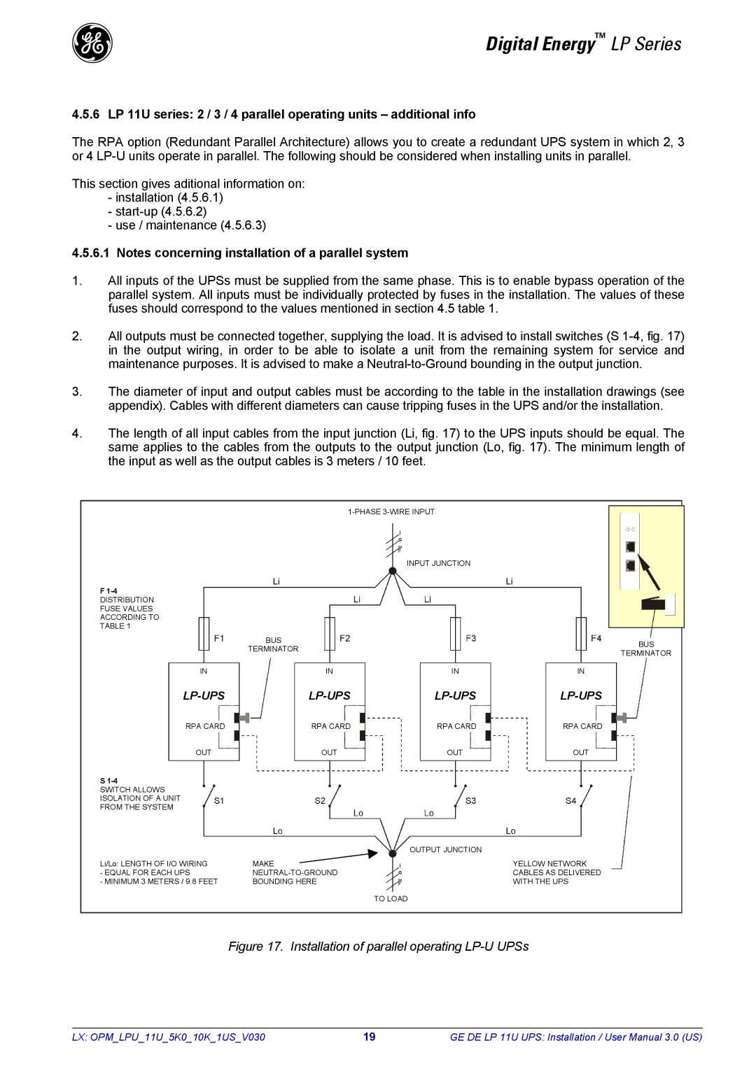 GE LP11U user manual Installation of parallel operating LP-U UPSs 