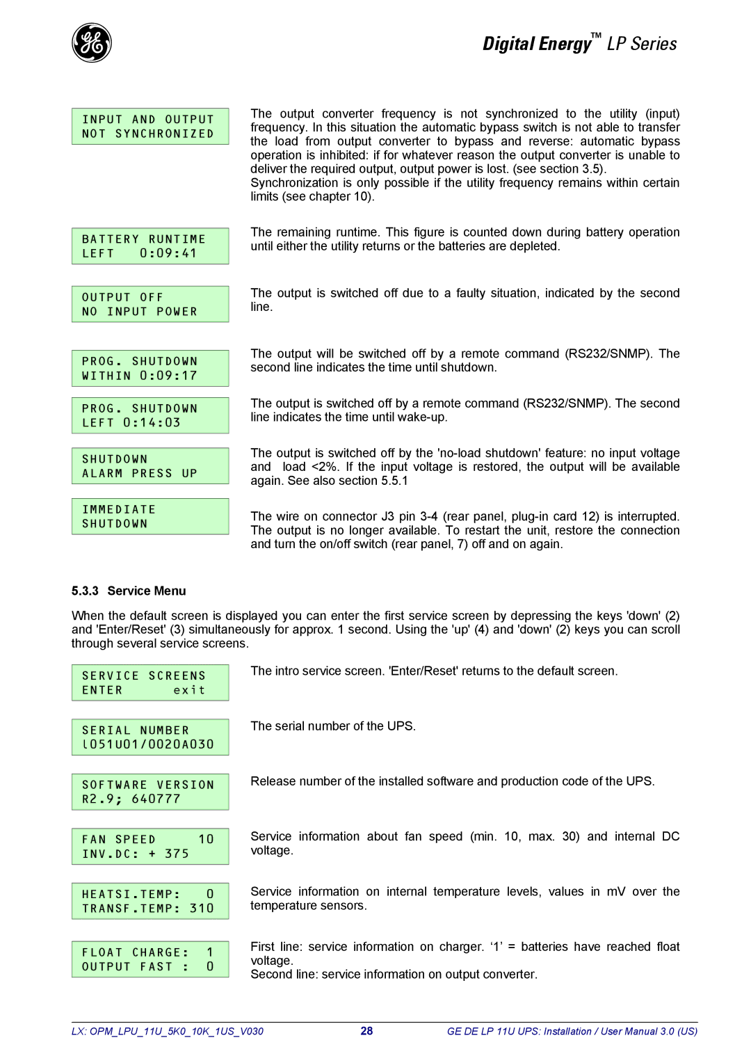 GE LP11U Input and Output not Synchronized, Service Screens, Software Version R2.9 FAN Speed INV.DC +, Service Menu 