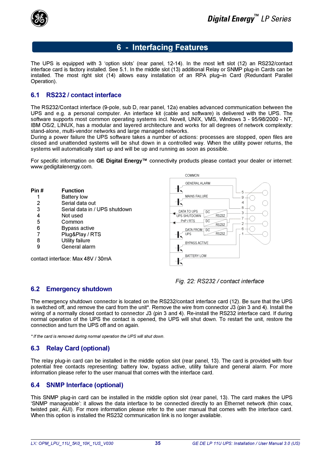 GE LP11U Interfacing Features, RS232 / contact interface, Emergency shutdown, Relay Card optional Snmp Interface optional 