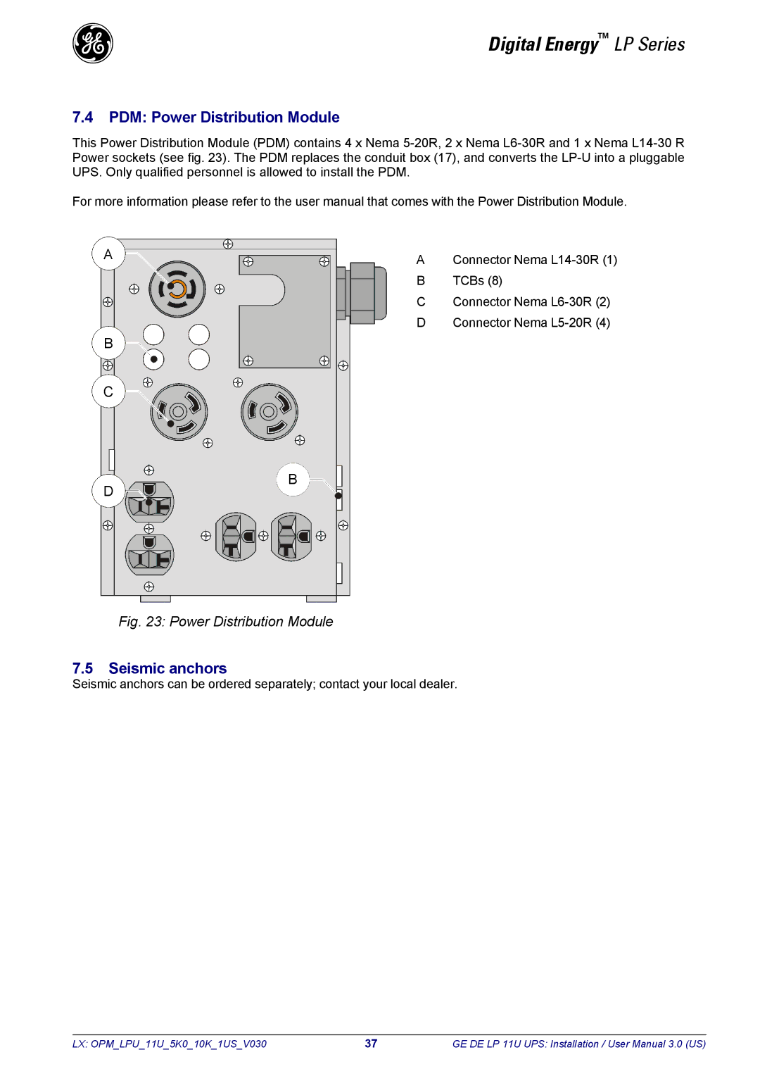 GE LP11U user manual PDM Power Distribution Module, Seismic anchors 