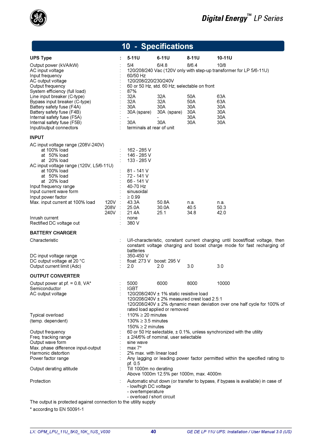 GE LP11U user manual Specifications, UPS Type 11U 10-11U 