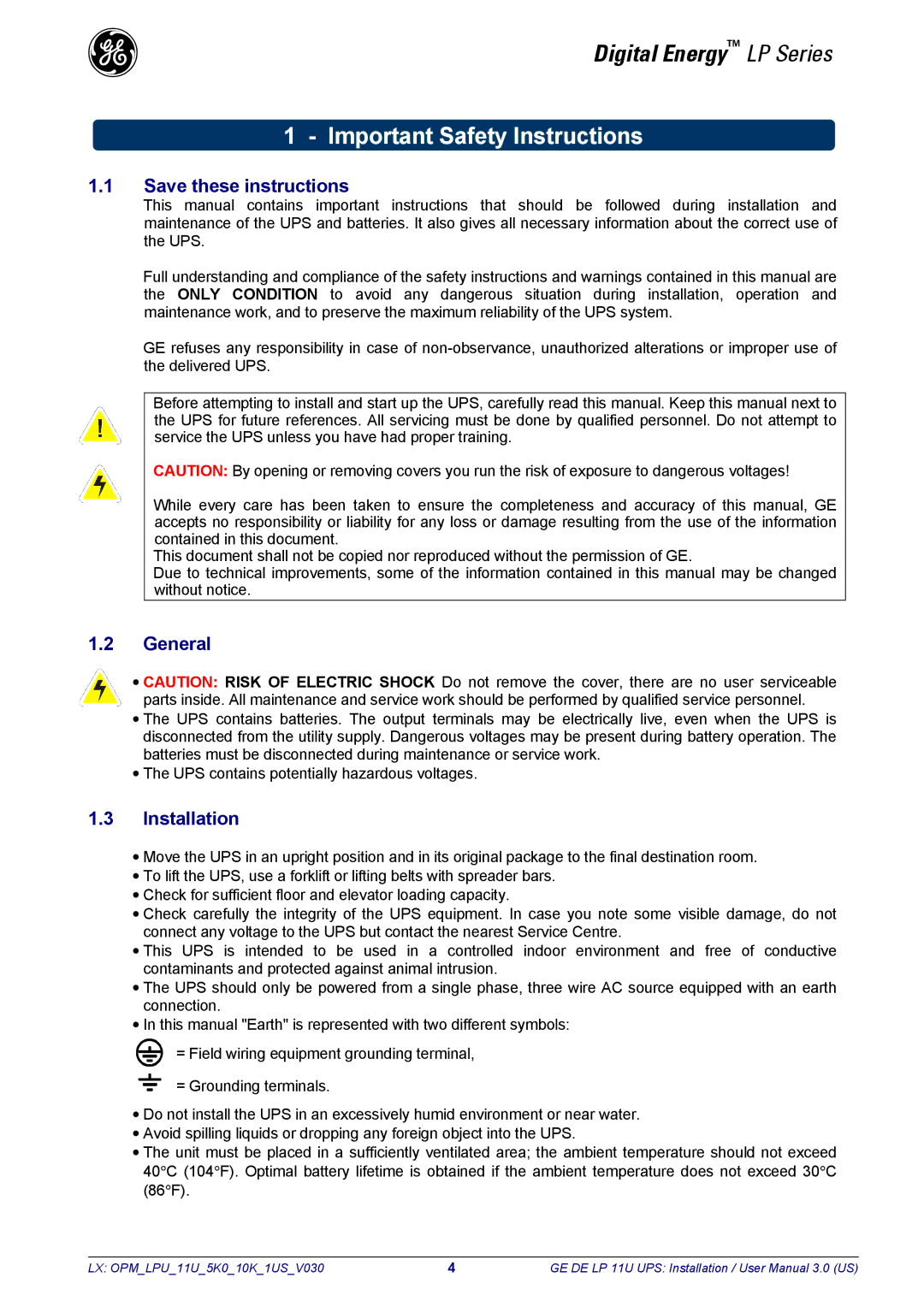 GE LP11U user manual Important Safety Instructions, General, Installation 