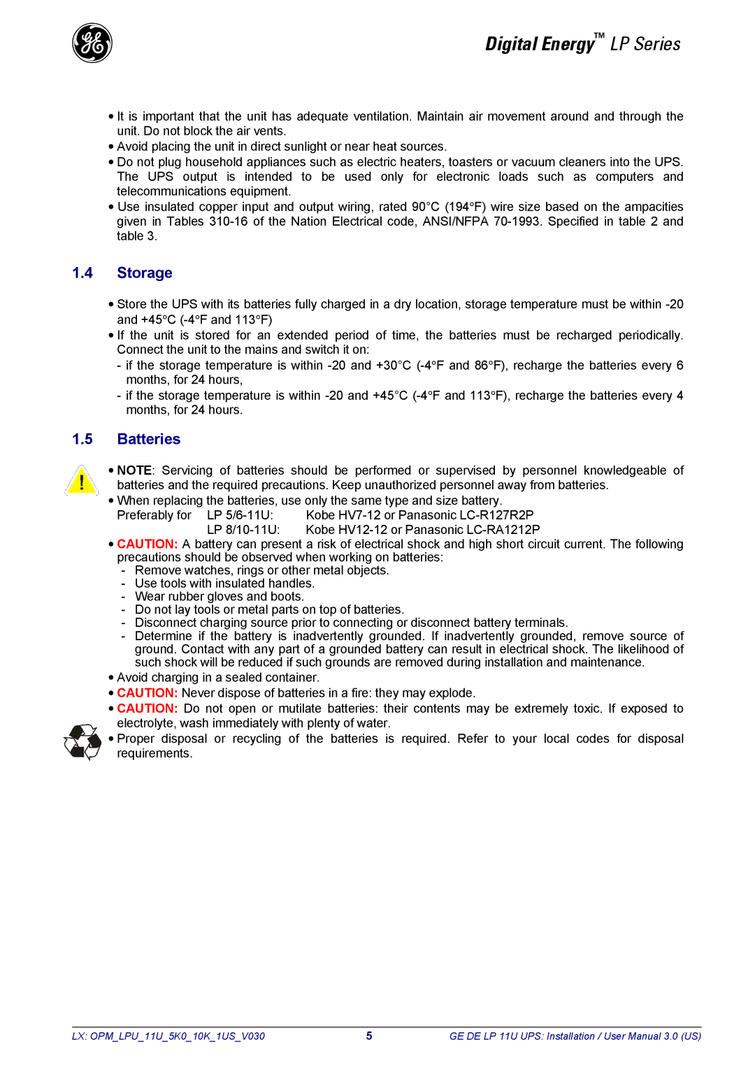 GE LP11U user manual Storage, Batteries 