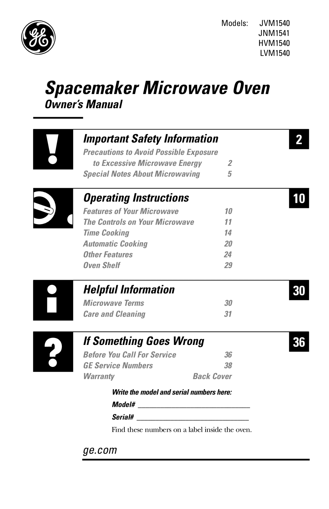 GE LVM1540 owner manual Spacemaker Microwave Oven, Write the model and serial numbers here Model# Serial# 