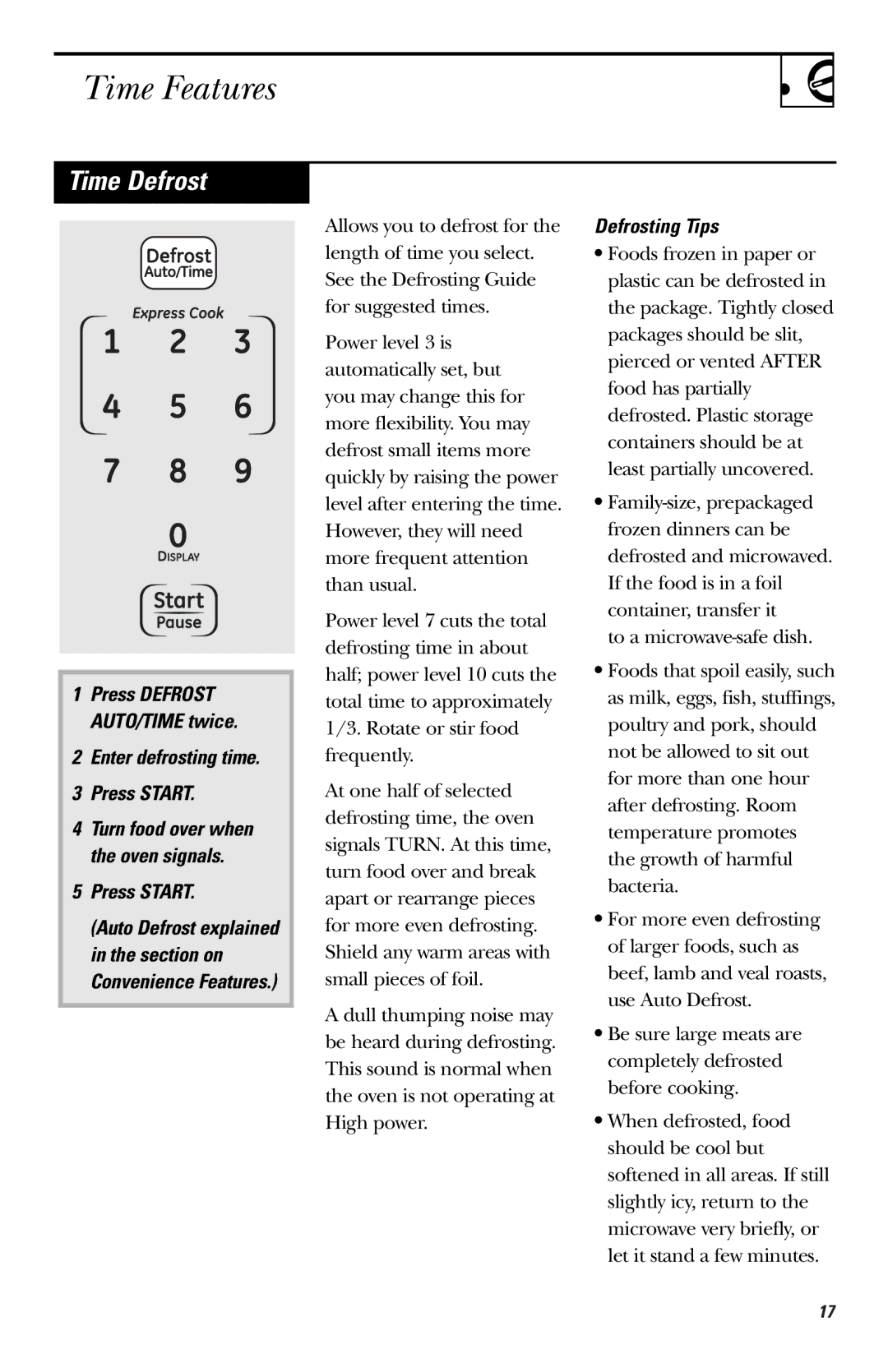 GE LVM1540 owner manual Time Defrost, Enter defrosting time Press Start, Defrosting Tips 