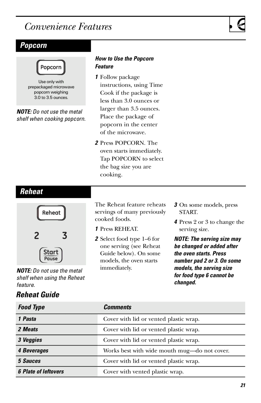 GE LVM1540 owner manual Popcorn, Reheat, Food Type Comments 