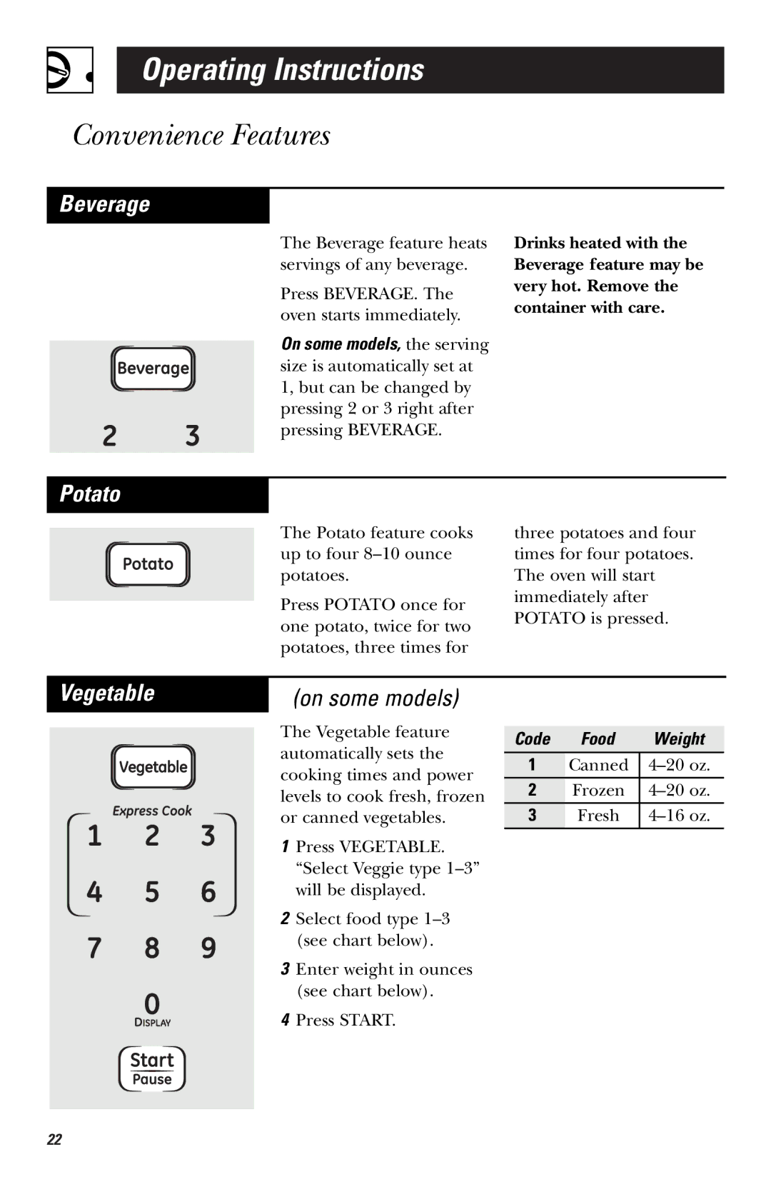 GE LVM1540 owner manual Beverage, Potato, On some models, the serving, Code Food Weight 