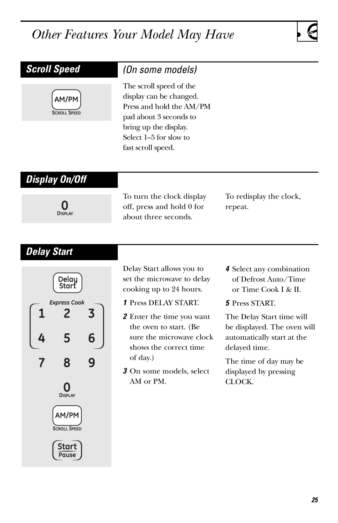 GE LVM1540 owner manual Scroll Speed, Display On/Off, Delay Start 