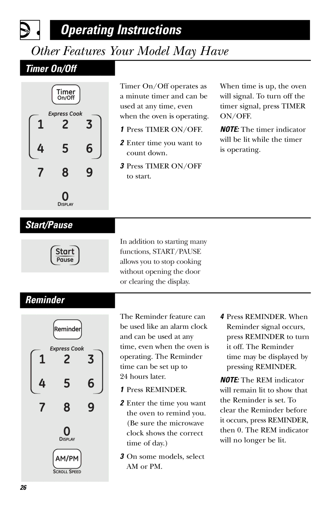 GE LVM1540 owner manual Timer On/Off, Start/Pause 