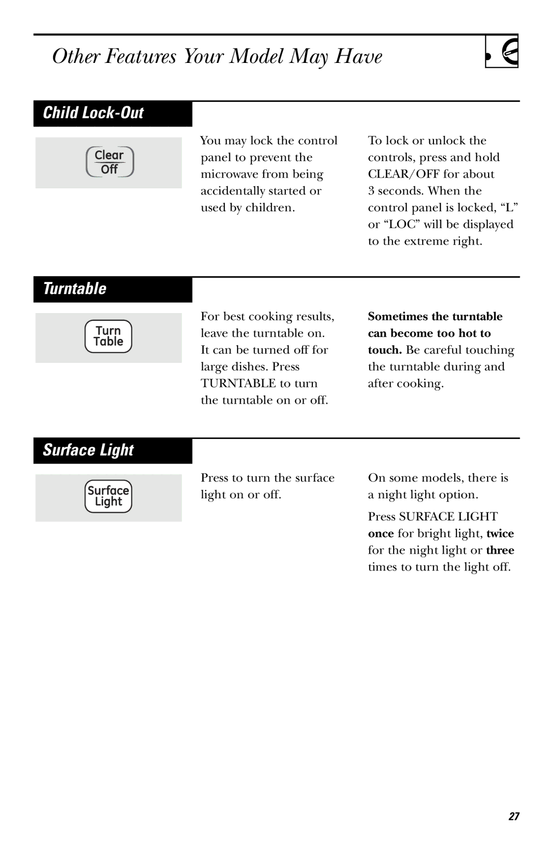 GE LVM1540 owner manual Child Lock-Out, Turntable, Surface Light 