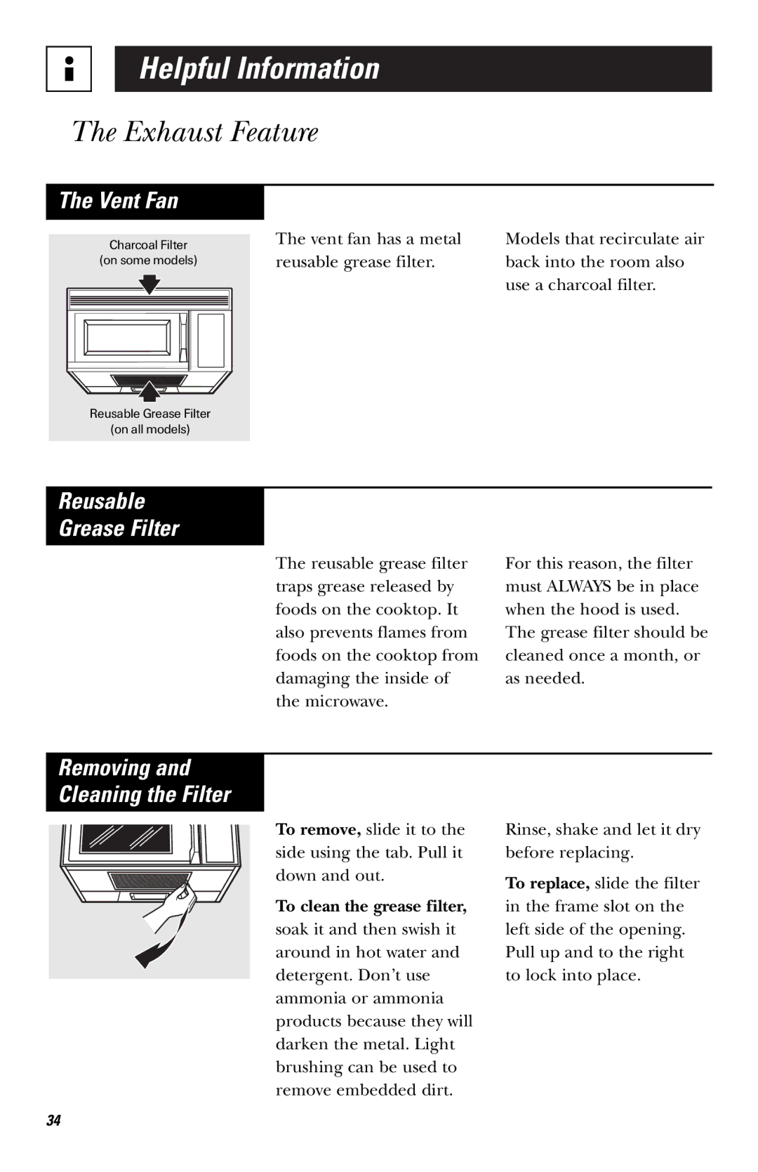 GE LVM1540 owner manual Exhaust Feature, Reusable Grease Filter, Removing Cleaning the Filter 