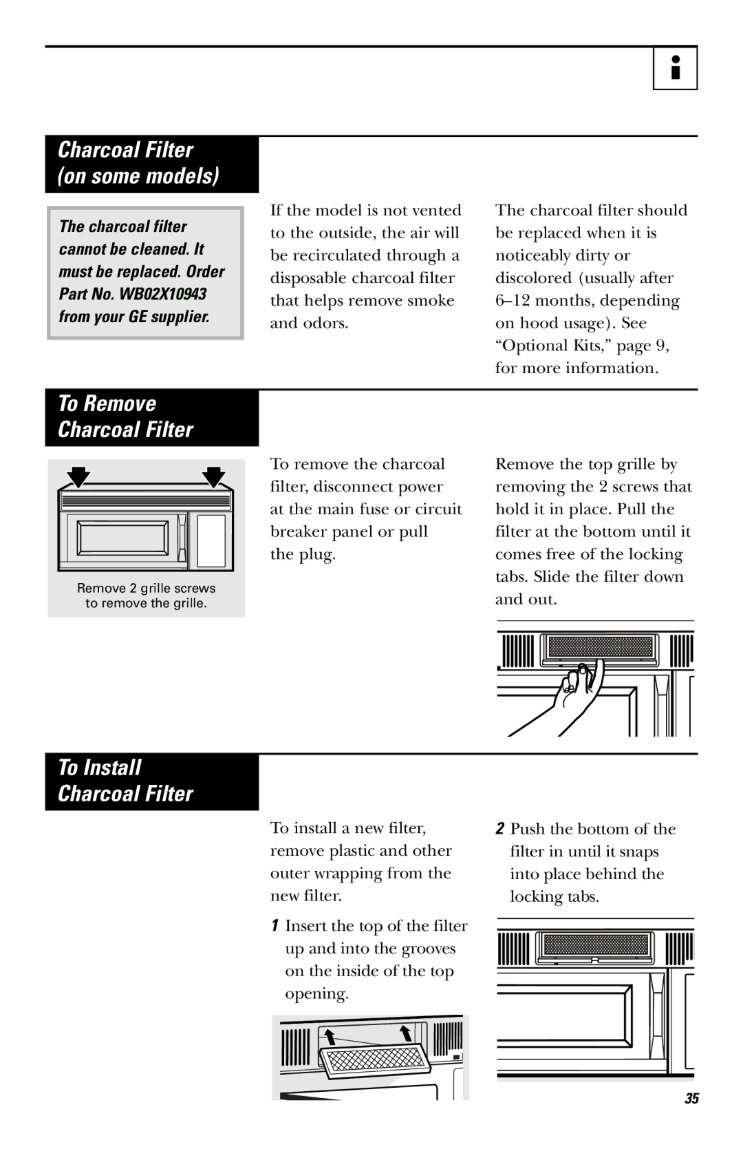 GE LVM1540 owner manual To Install Charcoal Filter, Charcoal Filter on some models 