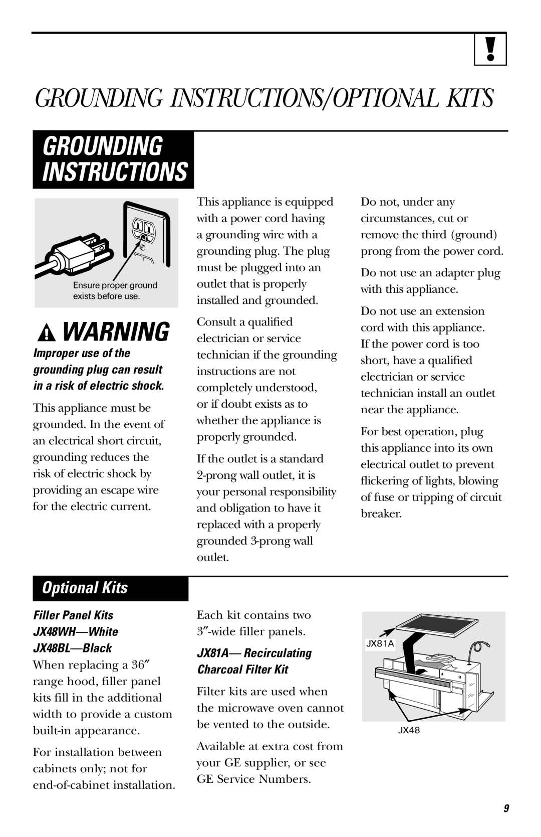 GE LVM1540 owner manual Optional Kits, Filler Panel Kits JX48WH-White JX48BL-Black 