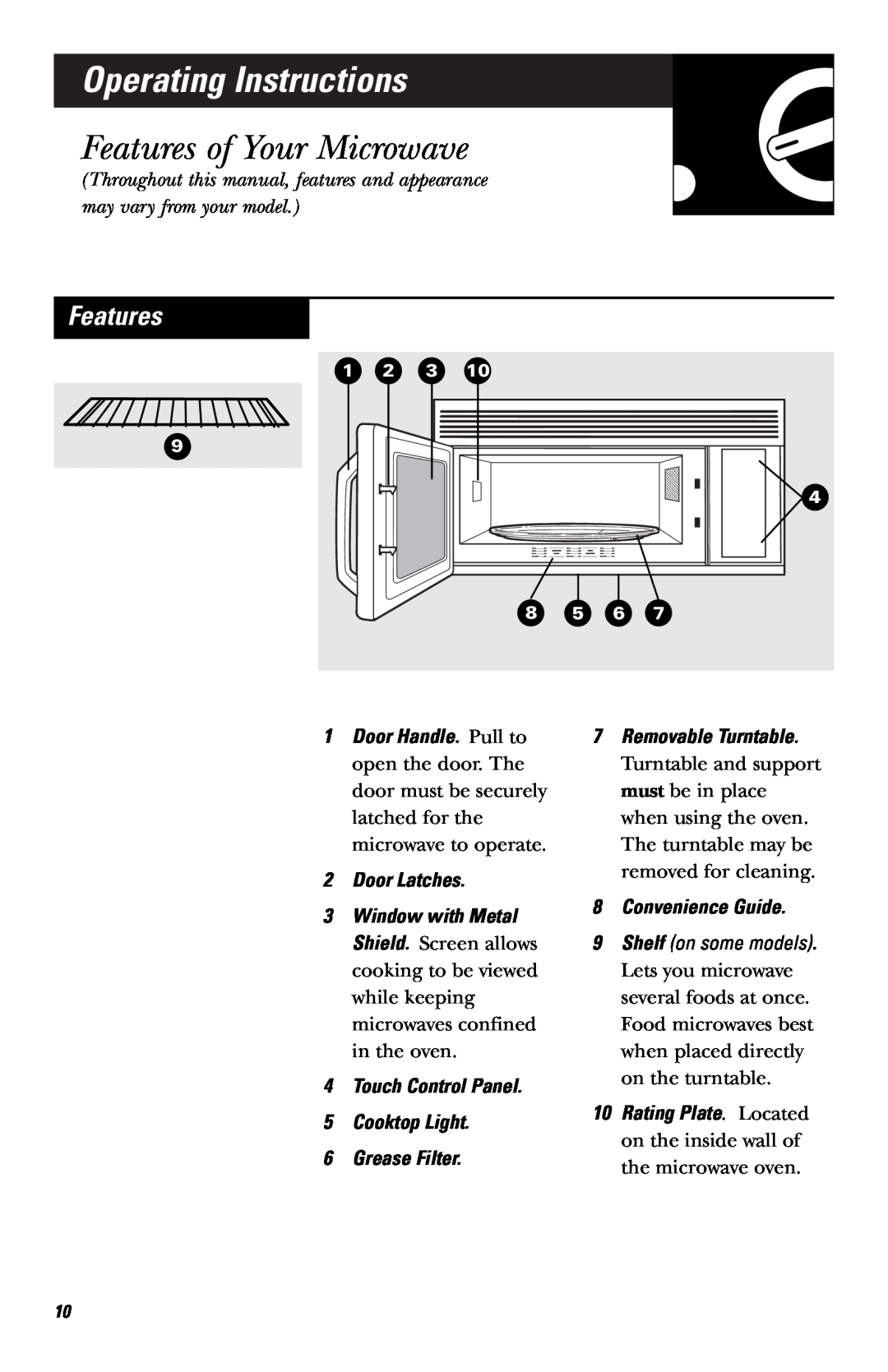 GE LVM1540 Operating Instructions, Features of Your Microwave, Door Latches, Removable Turntable, Convenience Guide 