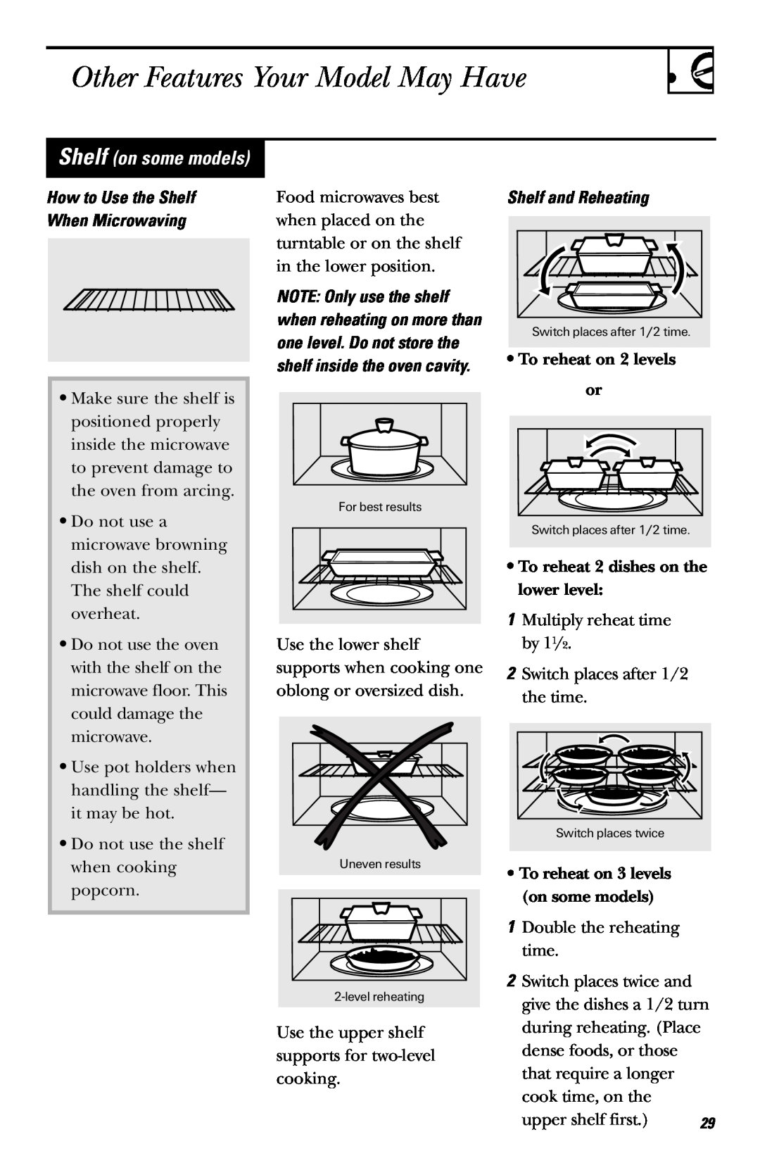 GE LVM1540 owner manual Other Features Your Model May Have, Shelf on some models, How to Use the Shelf When Microwaving 