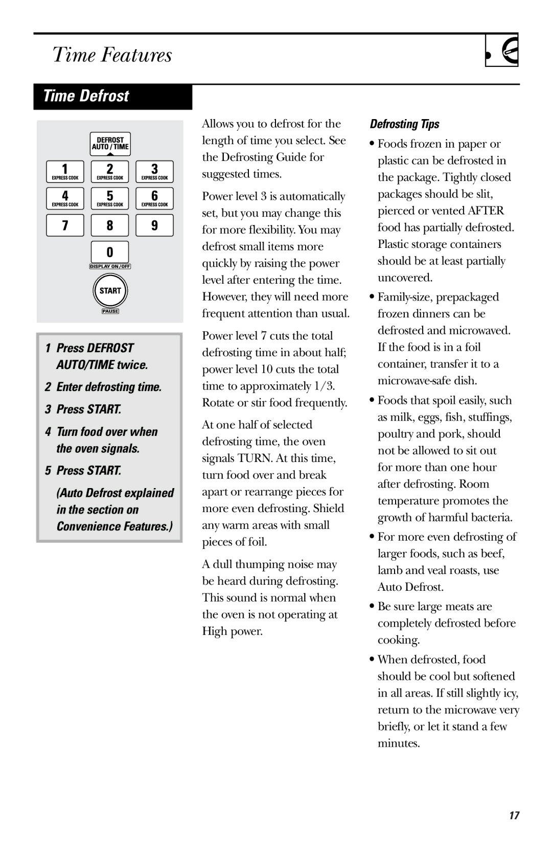 GE EVM1750, LVM1750, HVM1750, JVM1750 owner manual Time Defrost, Enter defrosting time Press Start, Defrosting Tips 