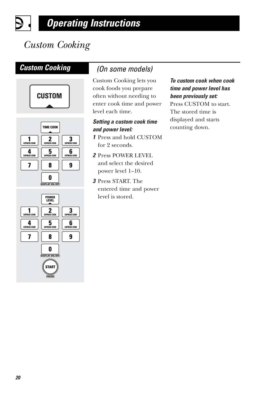 GE LVM1750, EVM1750, HVM1750, JVM1750 owner manual Custom Cooking, Setting a custom cook time and power level 