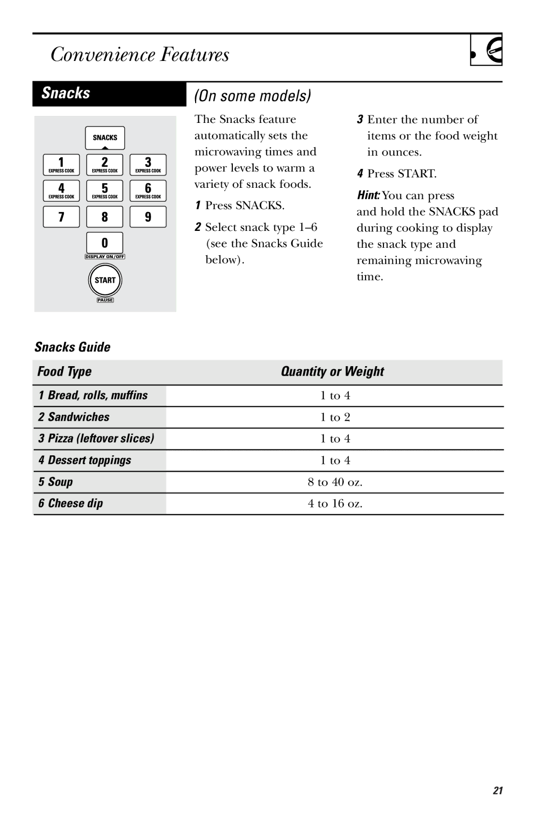 GE EVM1750 Convenience Features, Snacks Guide Food Type Quantity or Weight, Bread, rolls, muffins Sandwiches, Cheese dip 