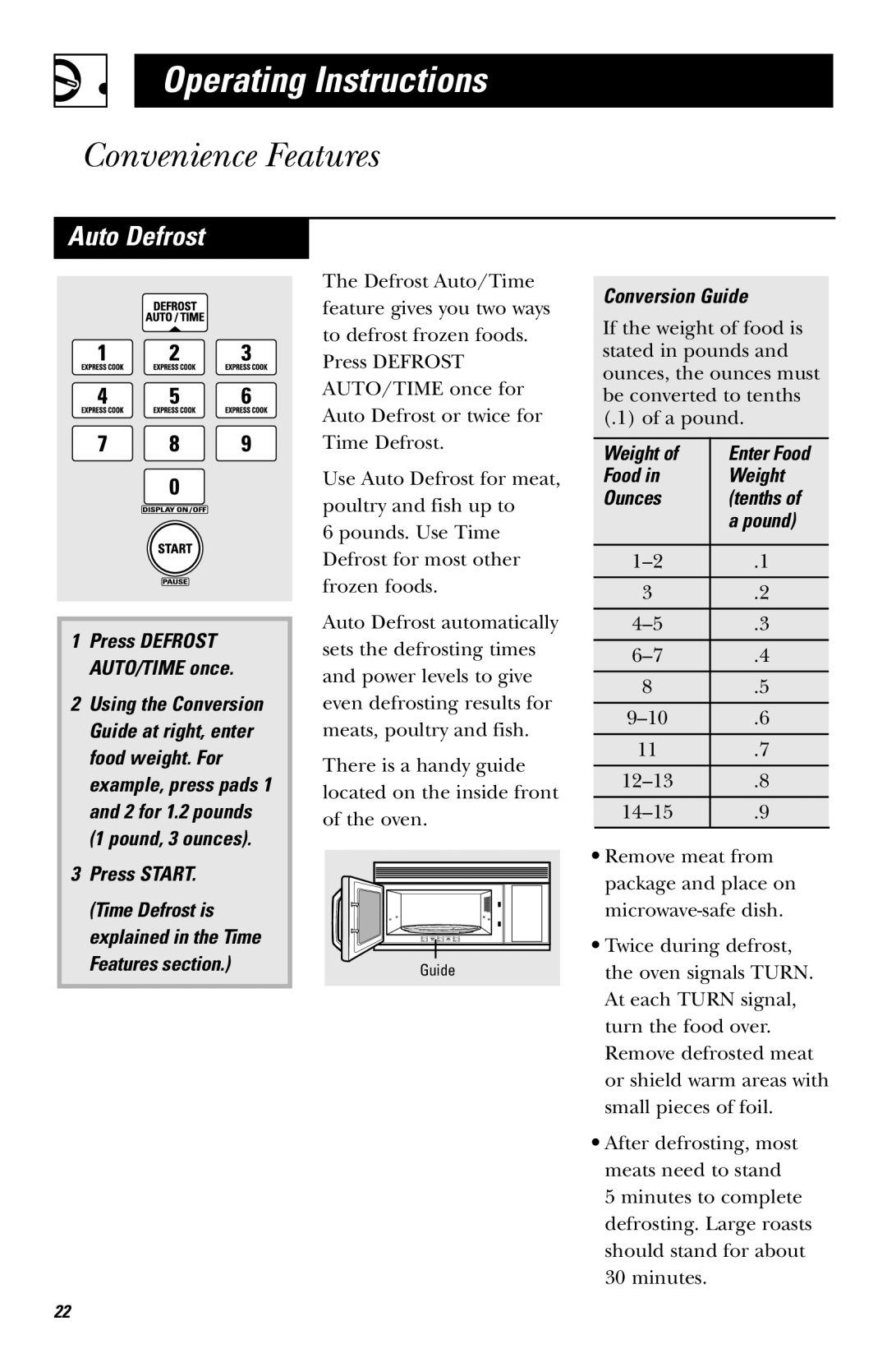 GE HVM1750, LVM1750, EVM1750, JVM1750 owner manual Auto Defrost, Conversion Guide, Food Weight Ounces Tenths Pound 