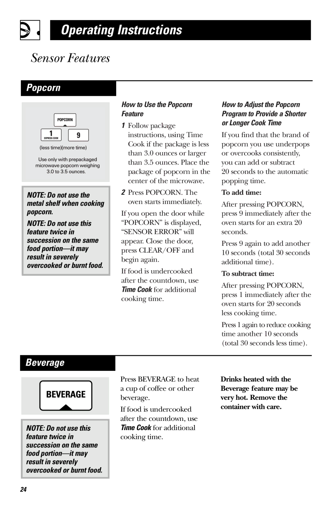 GE LVM1750, EVM1750, HVM1750, JVM1750 owner manual Beverage, How to Use the Popcorn Feature 