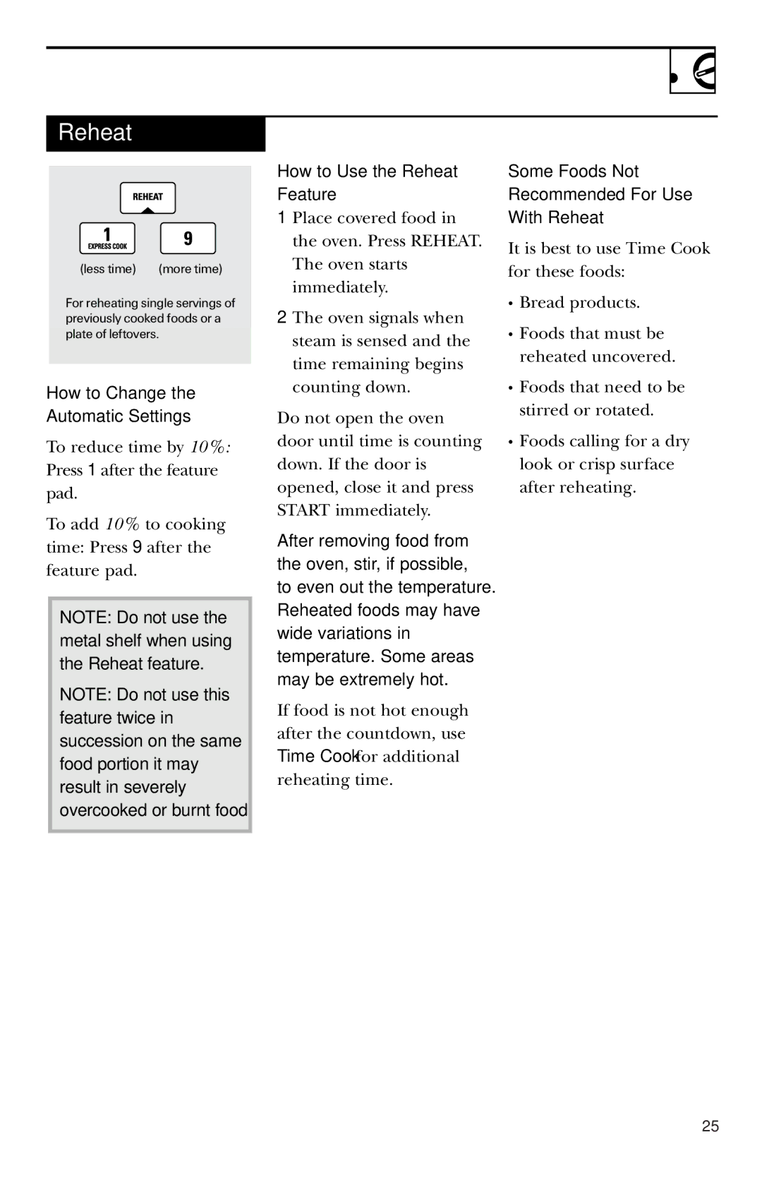 GE EVM1750, LVM1750, HVM1750, JVM1750 owner manual How to Change Automatic Settings, How to Use the Reheat Feature 