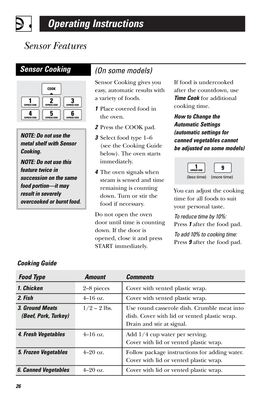 GE HVM1750, LVM1750, EVM1750, JVM1750 owner manual Sensor Cooking, Cooking Guide Food Type Amount Comments 