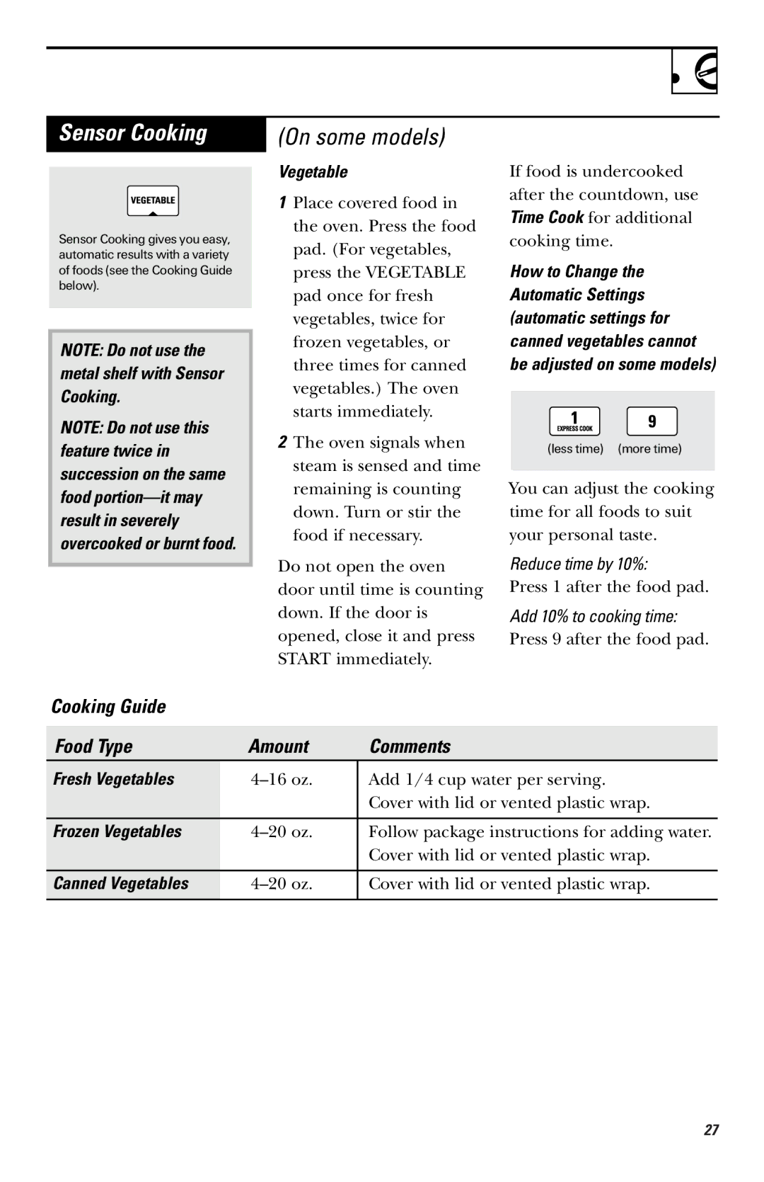 GE JVM1750, LVM1750, EVM1750, HVM1750 owner manual Frozen Vegetables, Canned Vegetables 