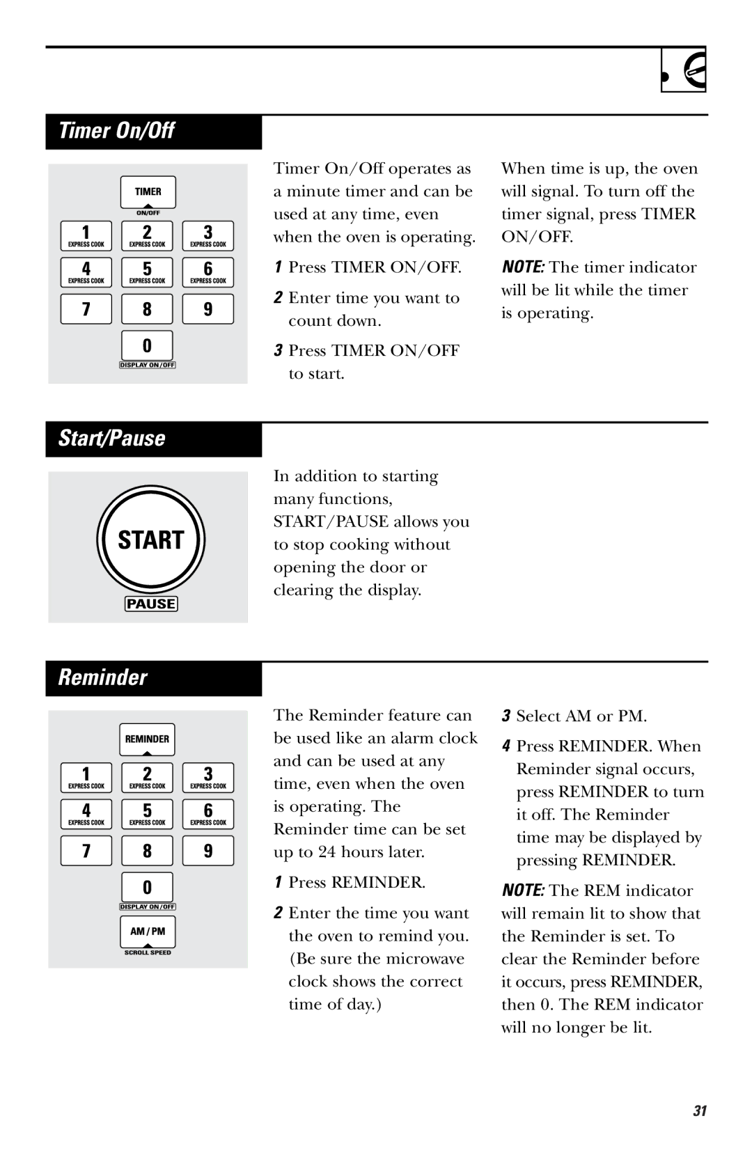 GE JVM1750, LVM1750, EVM1750, HVM1750 owner manual Timer On/Off, Start/Pause 