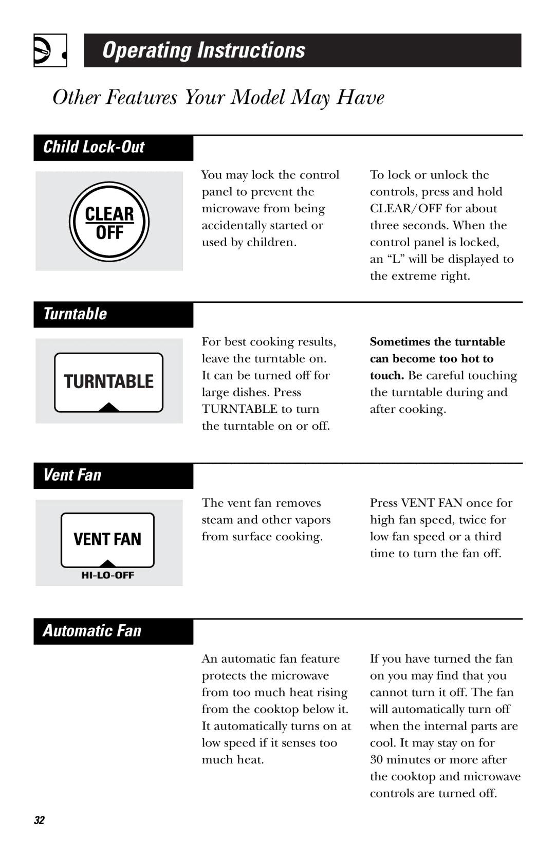 GE LVM1750, EVM1750, HVM1750, JVM1750 owner manual Child Lock-Out, Turntable, Vent Fan, Automatic Fan 