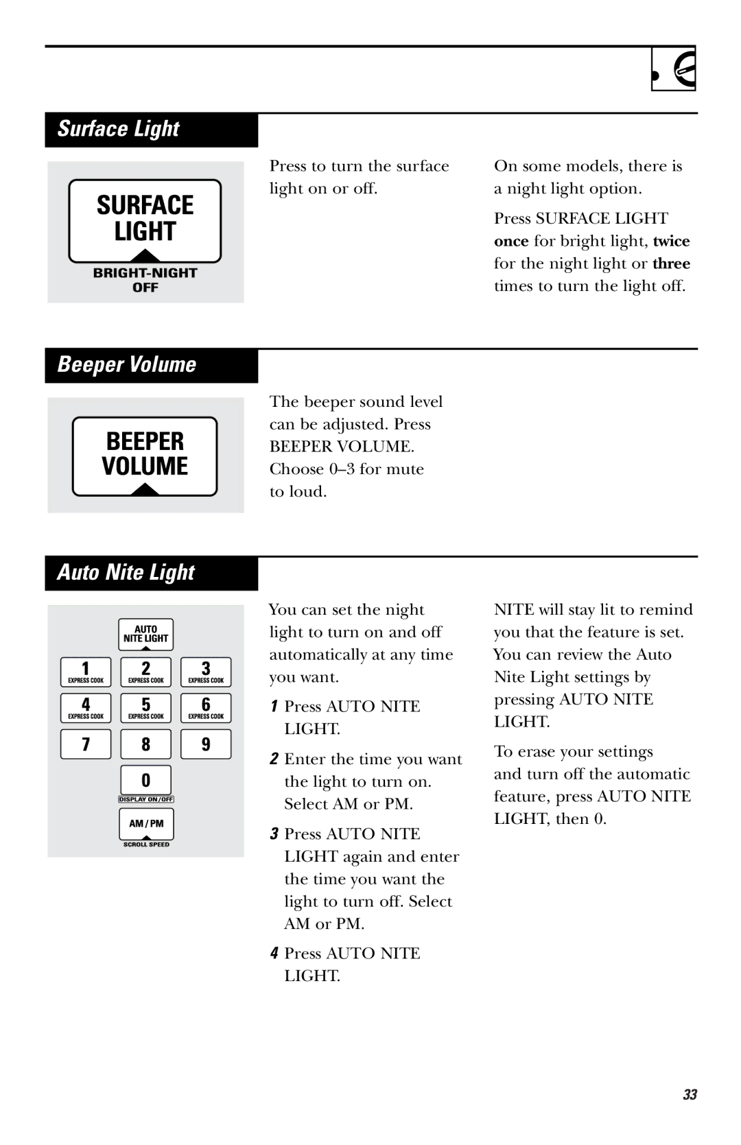 GE EVM1750, LVM1750, HVM1750, JVM1750 owner manual Surface Light, Beeper Volume, Auto Nite Light 