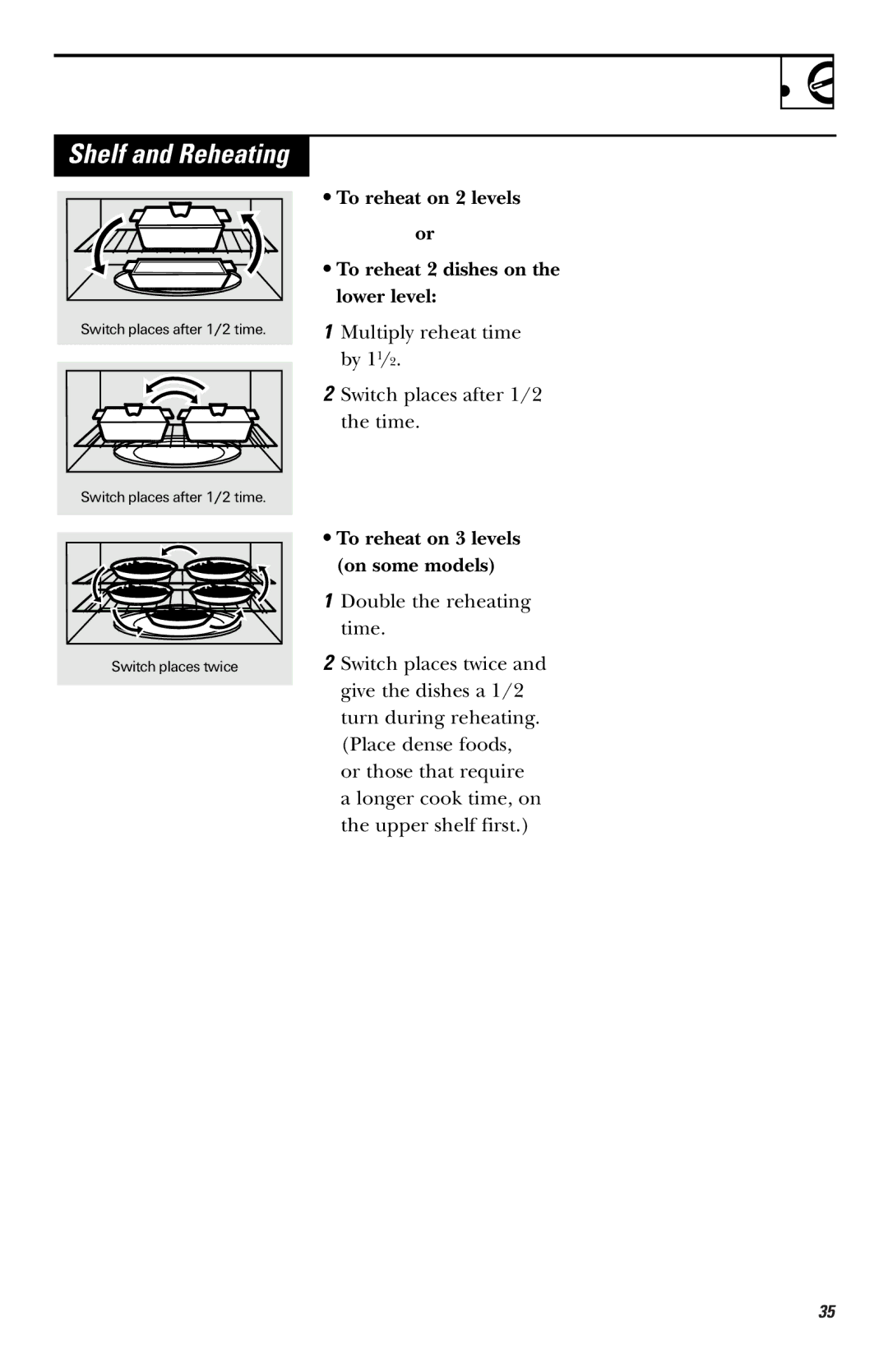 GE JVM1750, LVM1750, EVM1750, HVM1750 owner manual Shelf and Reheating, To reheat on 3 levels on some models 