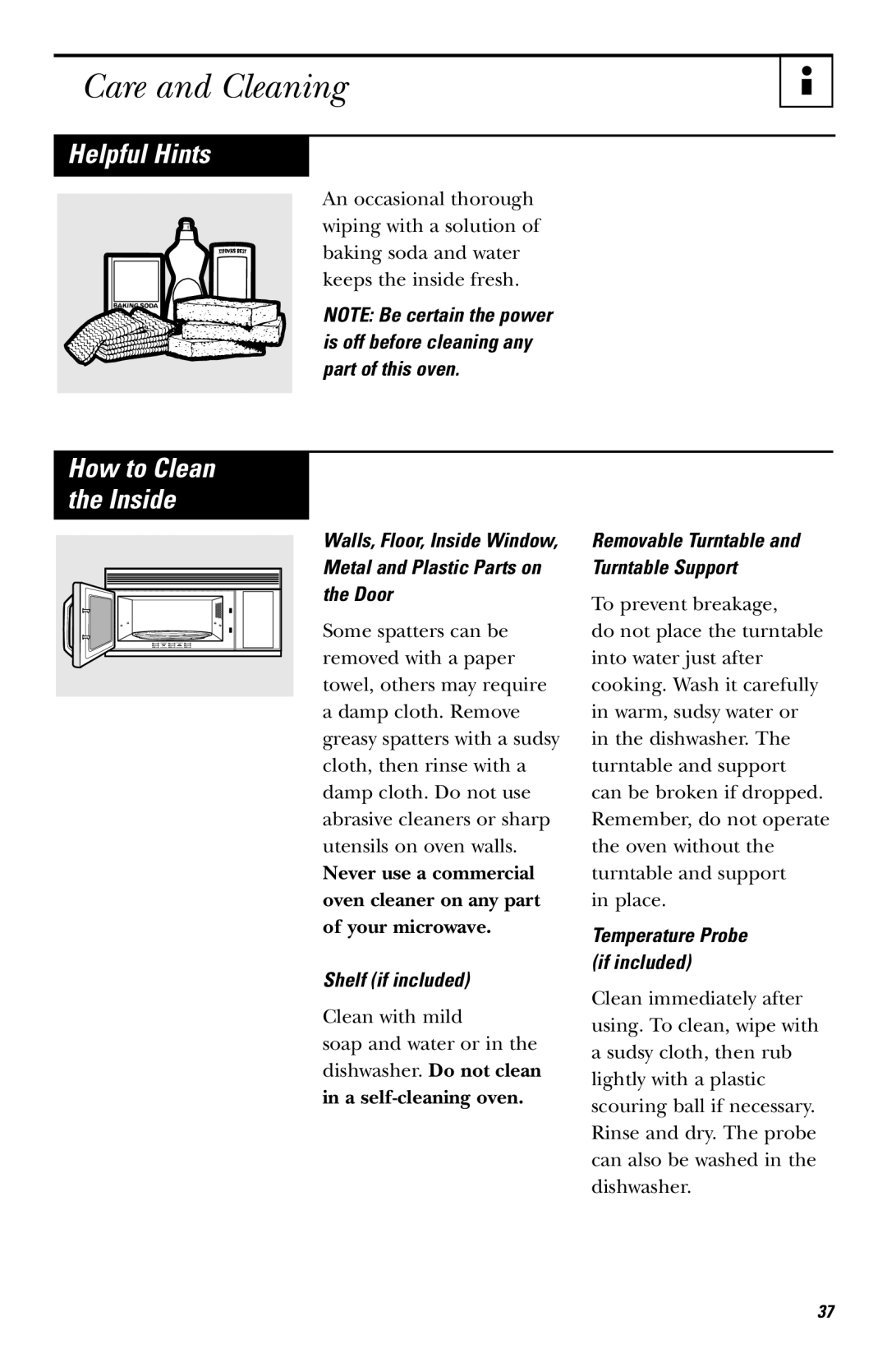 GE EVM1750, LVM1750, HVM1750 Care and Cleaning, Helpful Hints, Shelf if included, Removable Turntable and Turntable Support 