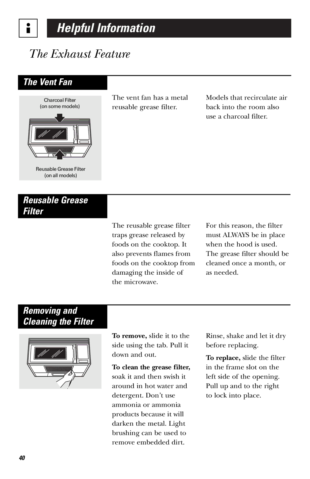 GE LVM1750, EVM1750, HVM1750, JVM1750 owner manual Exhaust Feature, Reusable Grease Filter, Removing Cleaning the Filter 