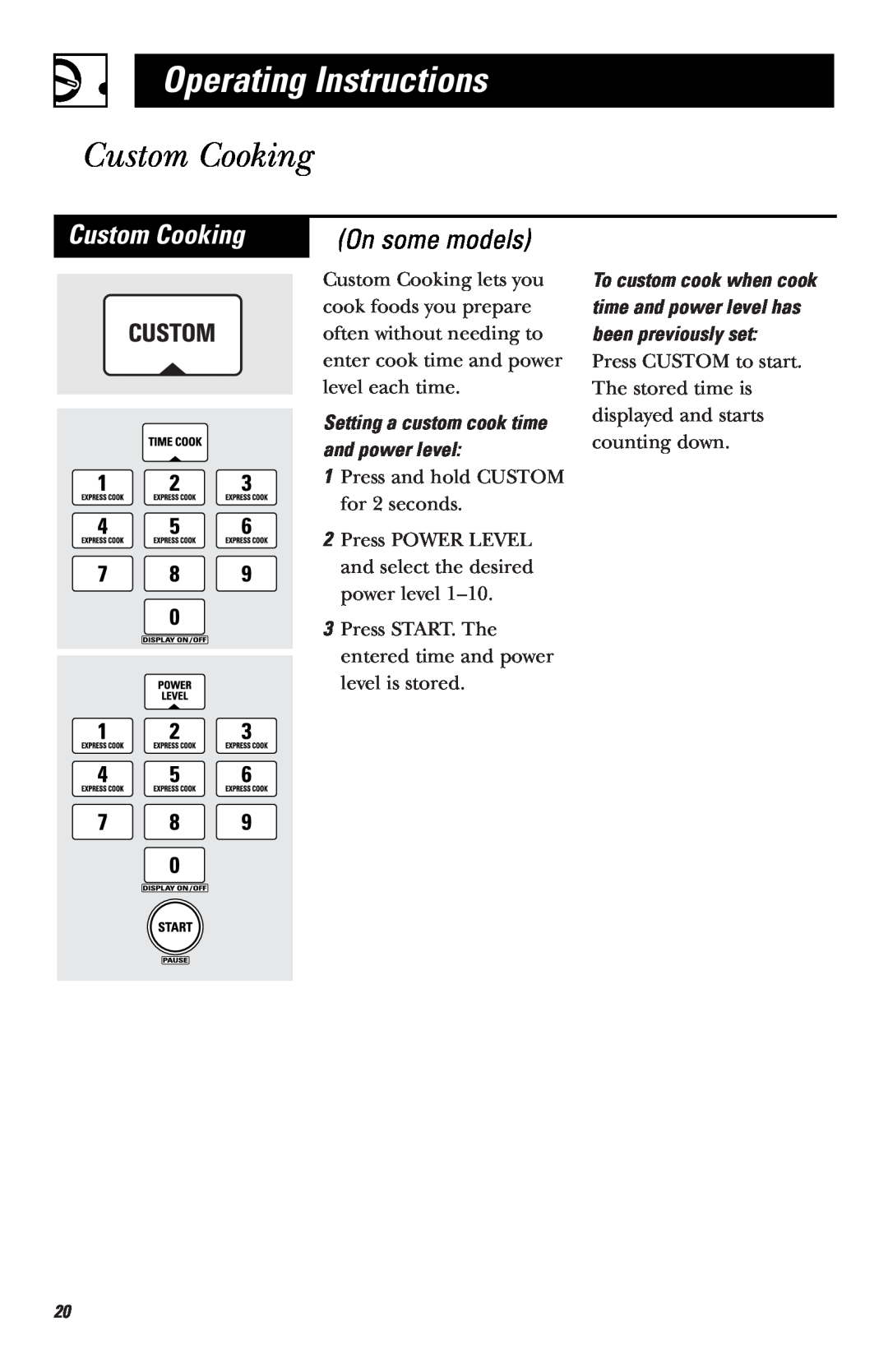 GE LVM1750, EVM1750 Custom Cooking On some models, Operating Instructions, Setting a custom cook time and power level 