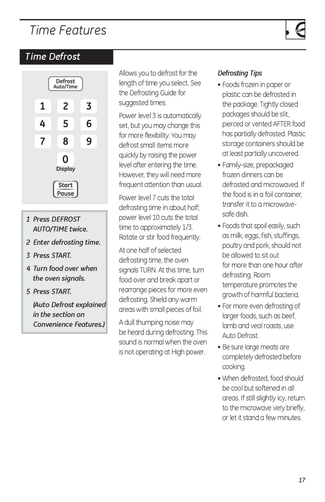 GE JVM1752, LVM1750, HVM1750 Time Defrost, Enter defrosting time Press Start, Dull thumping noise may, Defrosting Tips 