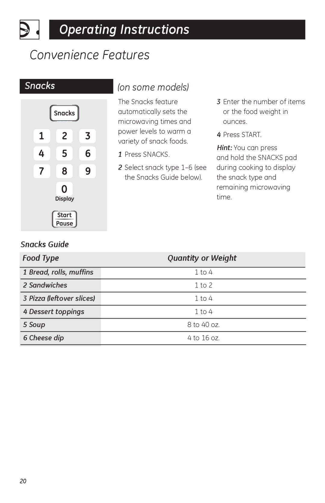 GE JVM1752, LVM1750, HVM1750 owner manual Convenience Features, Snacks Guide Food Type Quantity or Weight 