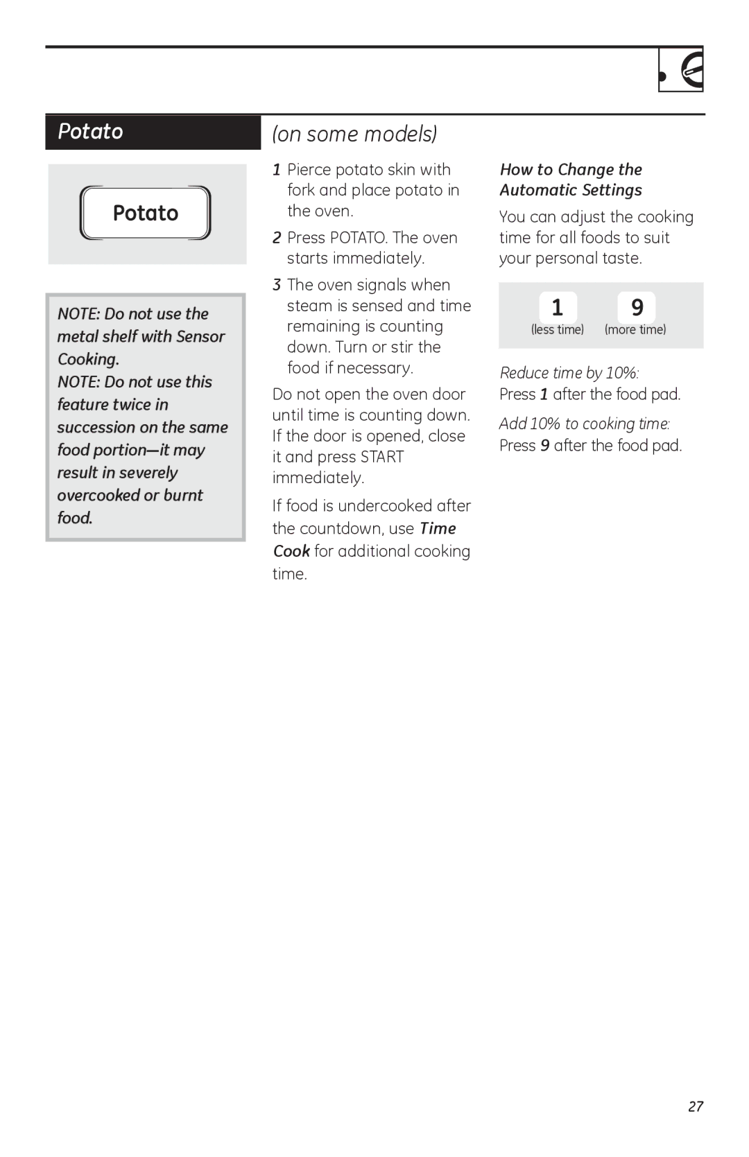 GE LVM1750, HVM1750, JVM1752 owner manual Potato, Pierce potato skin with fork and place potato in the oven 