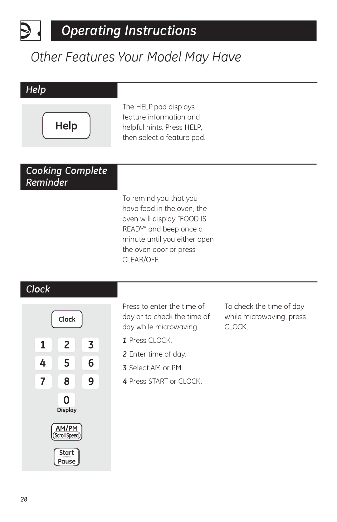 GE HVM1750, LVM1750, JVM1752 owner manual Other Features Your Model May Have, Help, Cooking Complete Reminder, Clock 