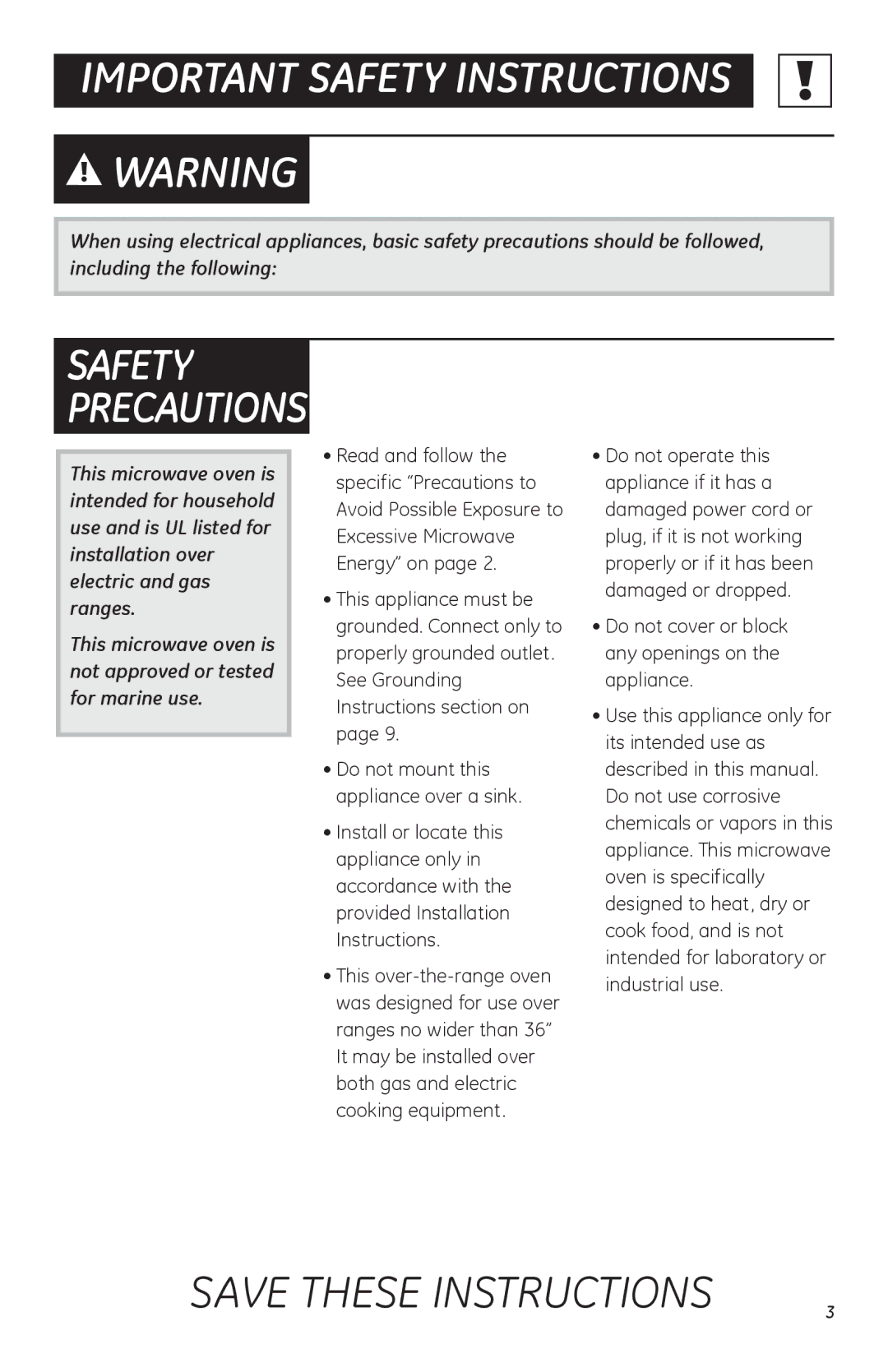 GE LVM1750, HVM1750, JVM1752 owner manual Safety Precautions, Do not cover or block any openings on the appliance 