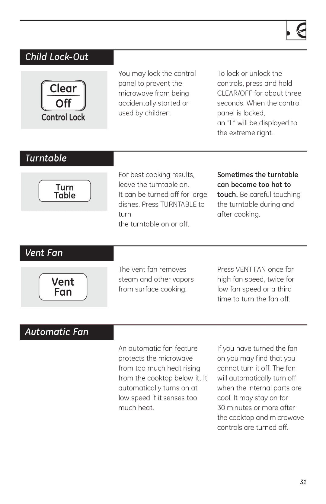 GE HVM1750, LVM1750, JVM1752 owner manual Child Lock-Out, Turntable, Vent Fan, Automatic Fan 