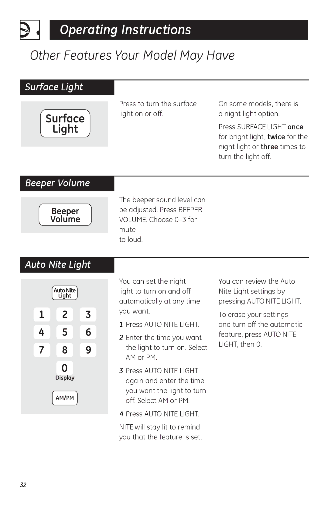 GE JVM1752, LVM1750, HVM1750 owner manual Surface Light, Beeper Volume, Auto Nite Light 