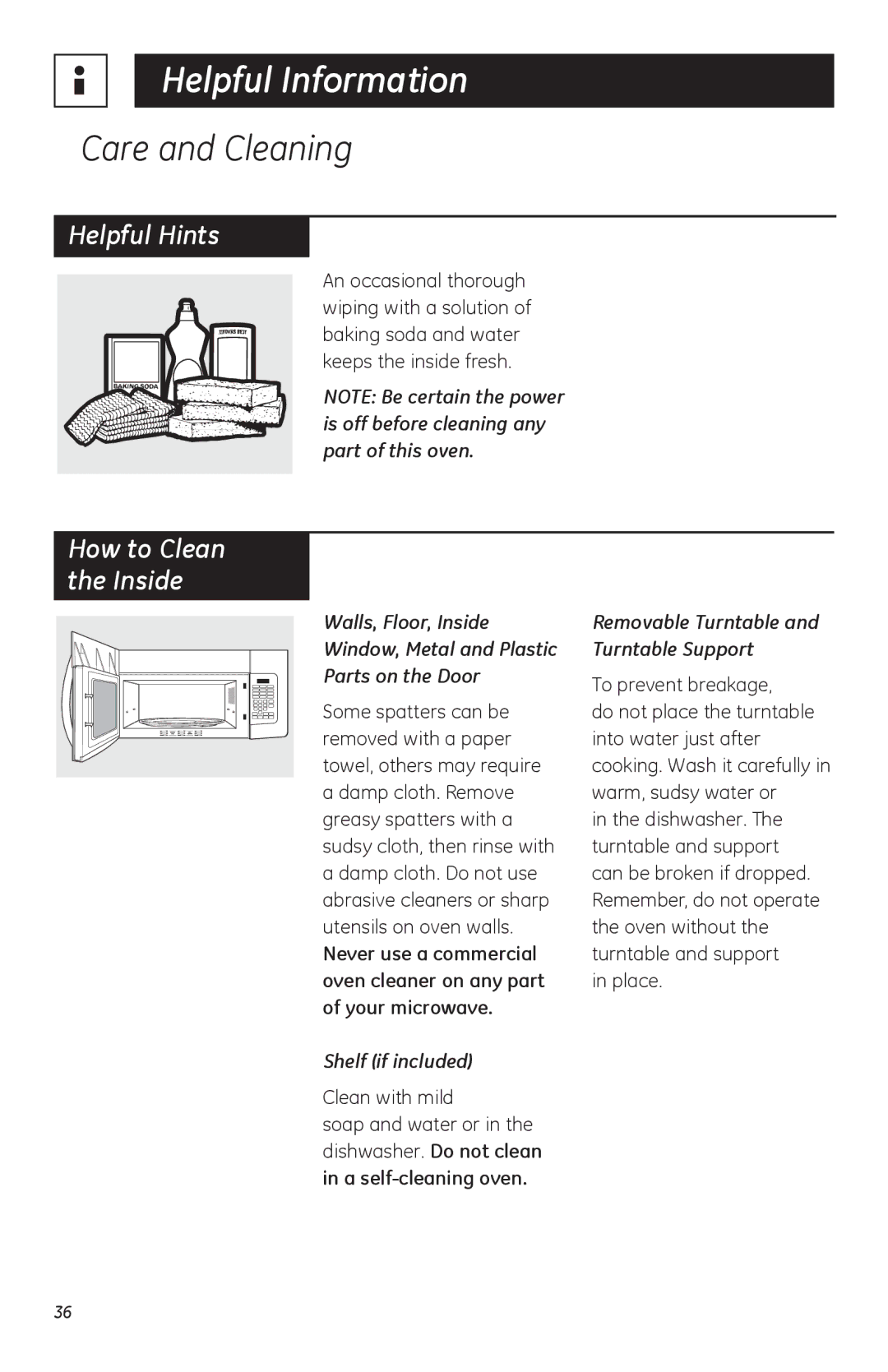 GE LVM1750 Care and Cleaning, Helpful Hints, Shelf if included, Clean with mild, Removable Turntable and Turntable Support 