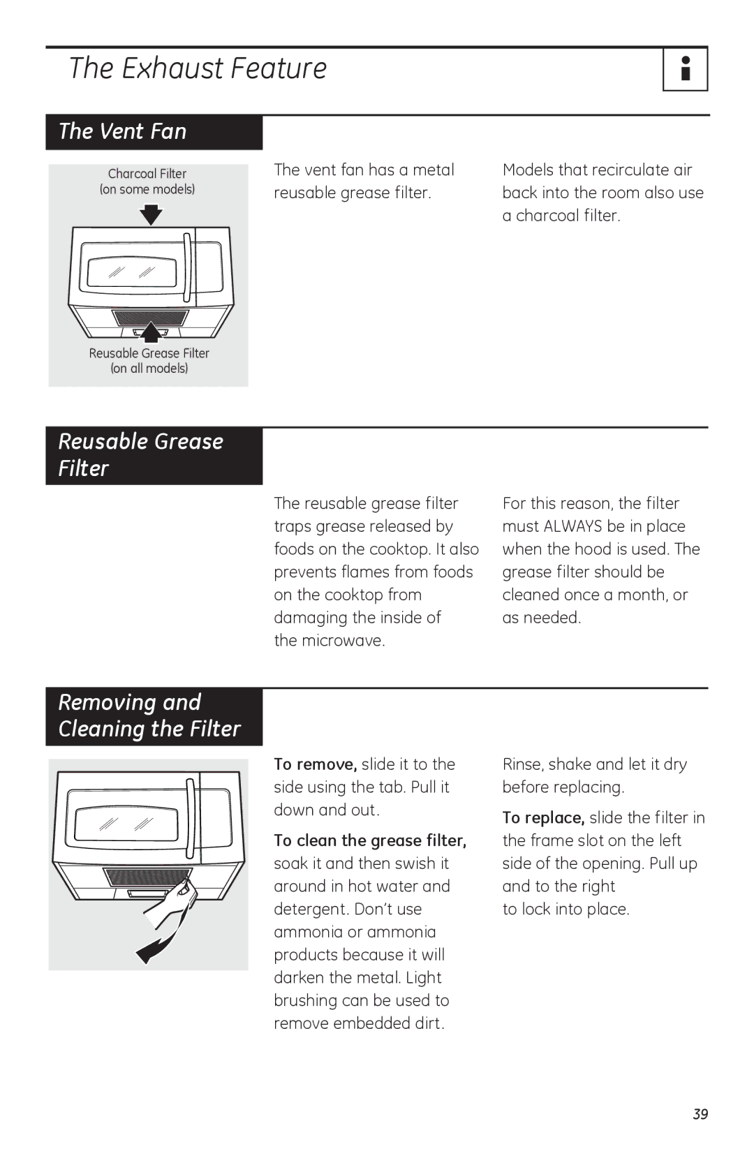 GE LVM1750, HVM1750, JVM1752 owner manual Exhaust Feature, Reusable Grease Filter, Removing Cleaning the Filter 