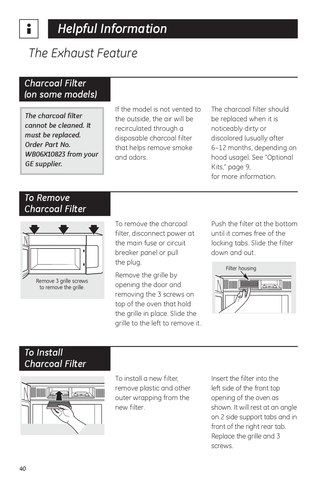 GE HVM1750, LVM1750, JVM1752 owner manual To Install Charcoal Filter, Charcoal Filter on some models 